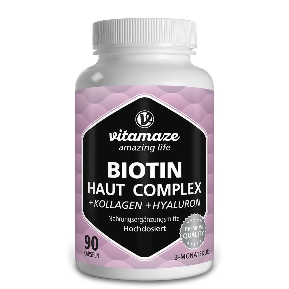 Flacon blanc avec capsules. Inscription: Biotine Complexe Peau + Collagène + Hyaluron. 90 capsules. Premium Quality.