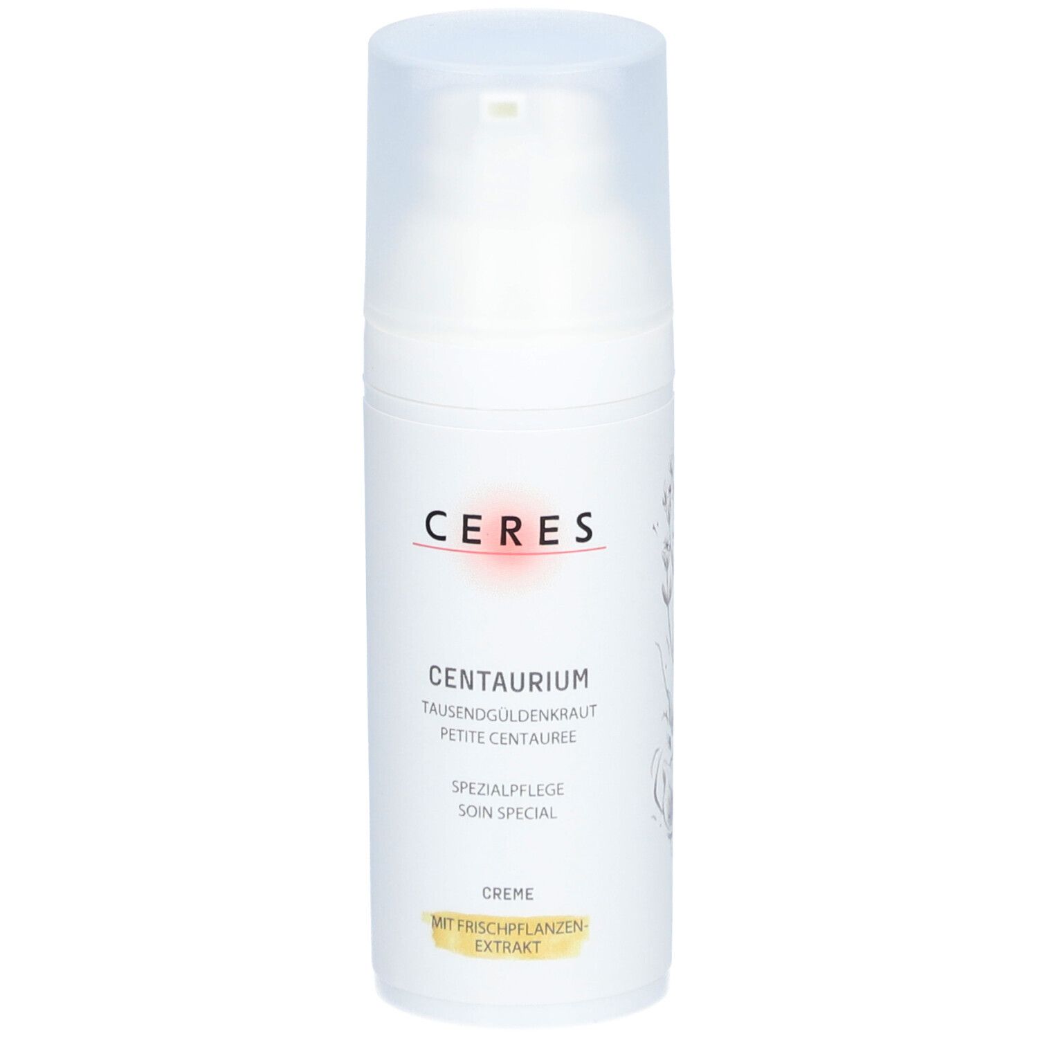 Flacon de crème blanc avec vaporisateur. Inscription: CERES, Centaurium, Soin spécial, Crème. Avec extrait de plantes fraîches.