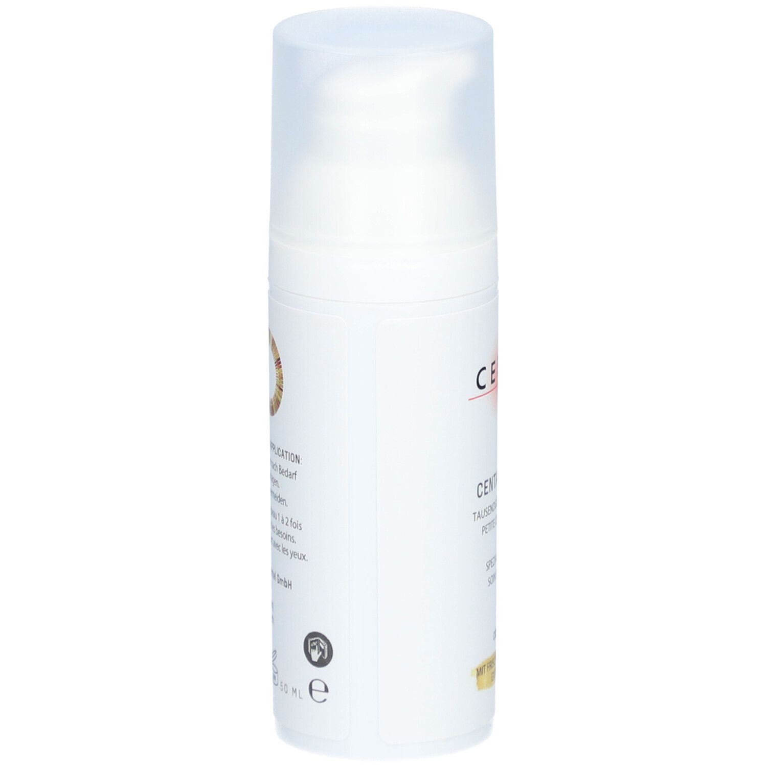 Flacon de crème blanc avec vaporisateur. Sur le côté: texte, logos. Nom du produit: Centaurium. Marque: CERES. Avec extrait de plantes fraîches.
