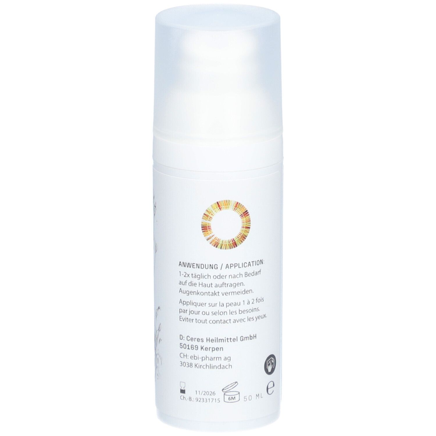 Dos du flacon de crème. Texte: utilisation, adresse du fabricant, numéro de lot, durée de conservation. Nom du produit: Centaurium. Marque: CERES.