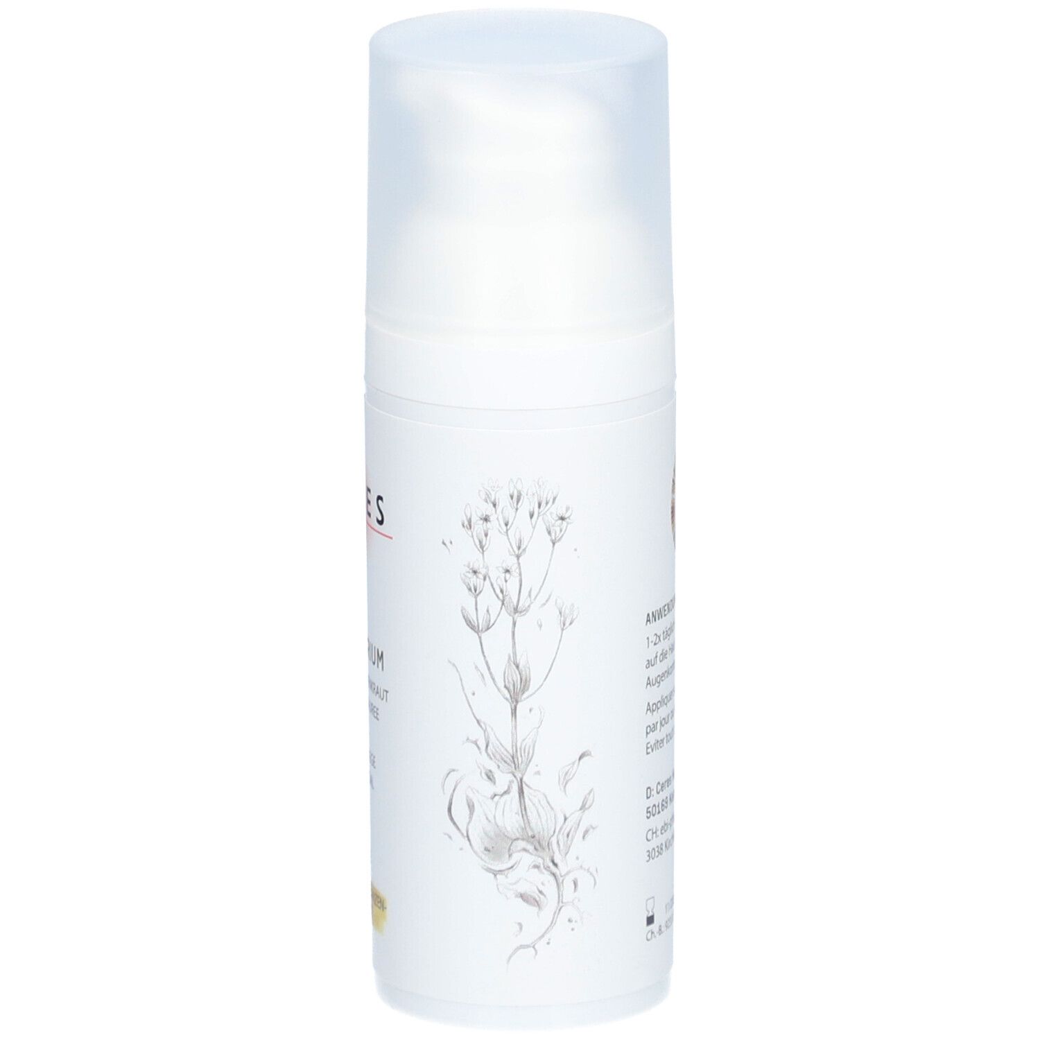 Flacon de crème blanc avec vaporisateur. Sur le côté: texte, logos. Nom du produit: Centaurium. Marque: CERES. Avec extrait de plantes fraîches.