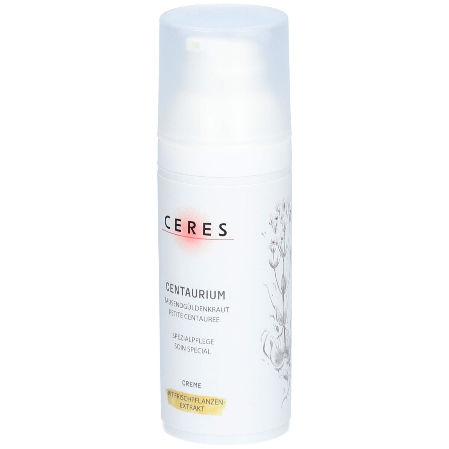 Flacon de crème blanc avec vaporisateur. Inscription: CERES, Centaurium, Soin spécial, Crème. Avec extrait de plantes fraîches.