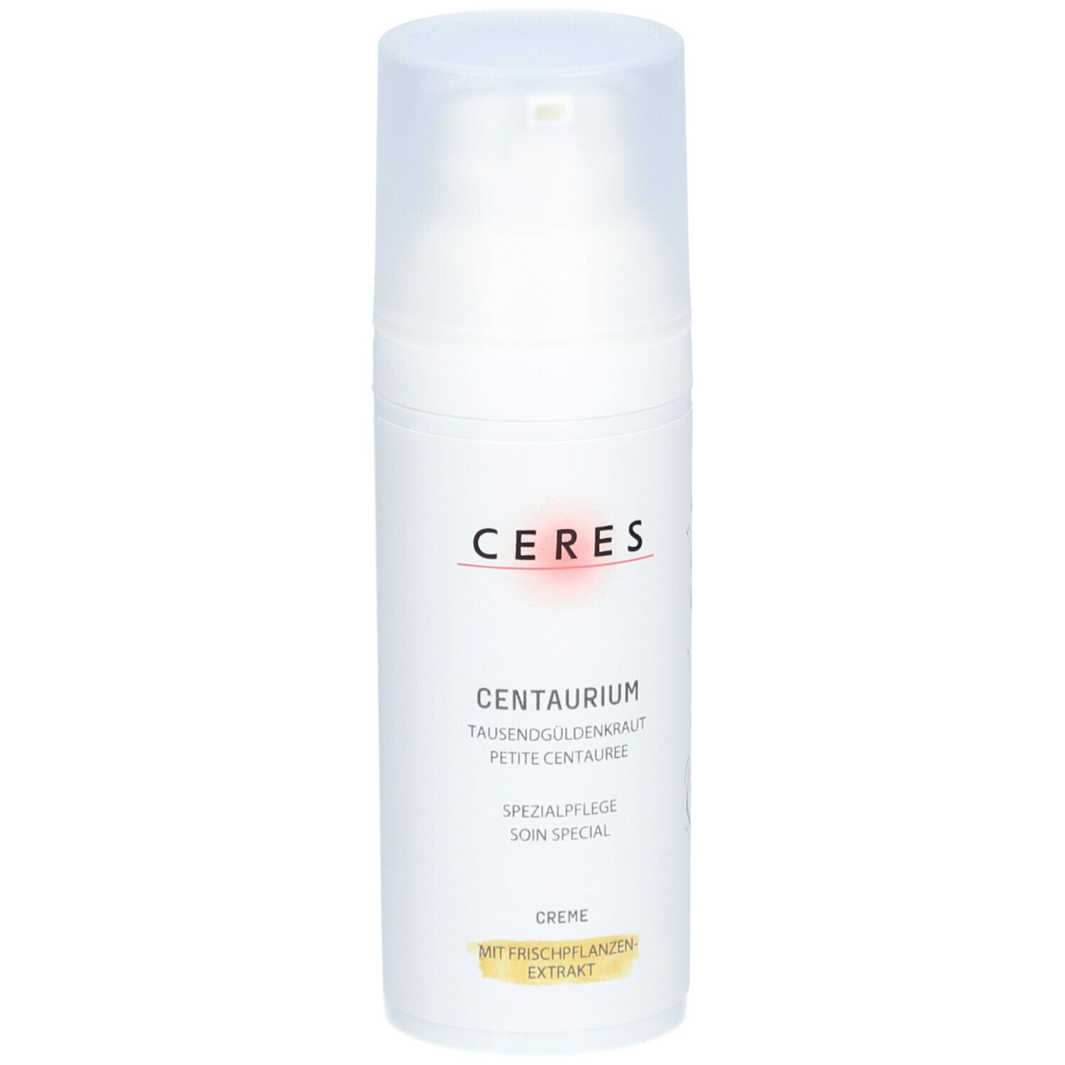 Flacon de crème blanc avec vaporisateur. Inscription: CERES, Centaurium, Soin spécial, Crème. Avec extrait de plantes fraîches.