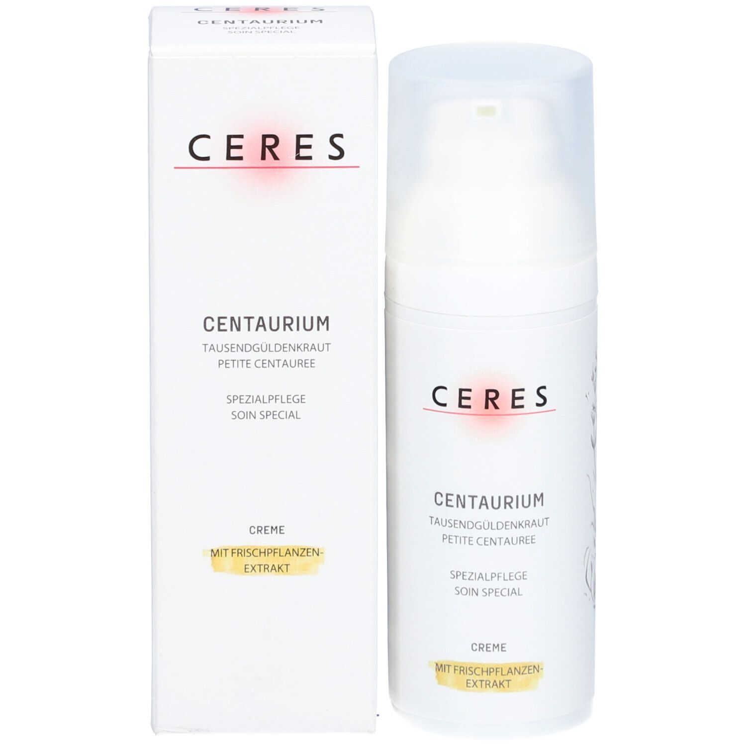 Flacon de crème et emballage. Inscription: CERES, Centaurium, Soin spécial, Crème. Avec extrait de plantes fraîches. Design blanc.