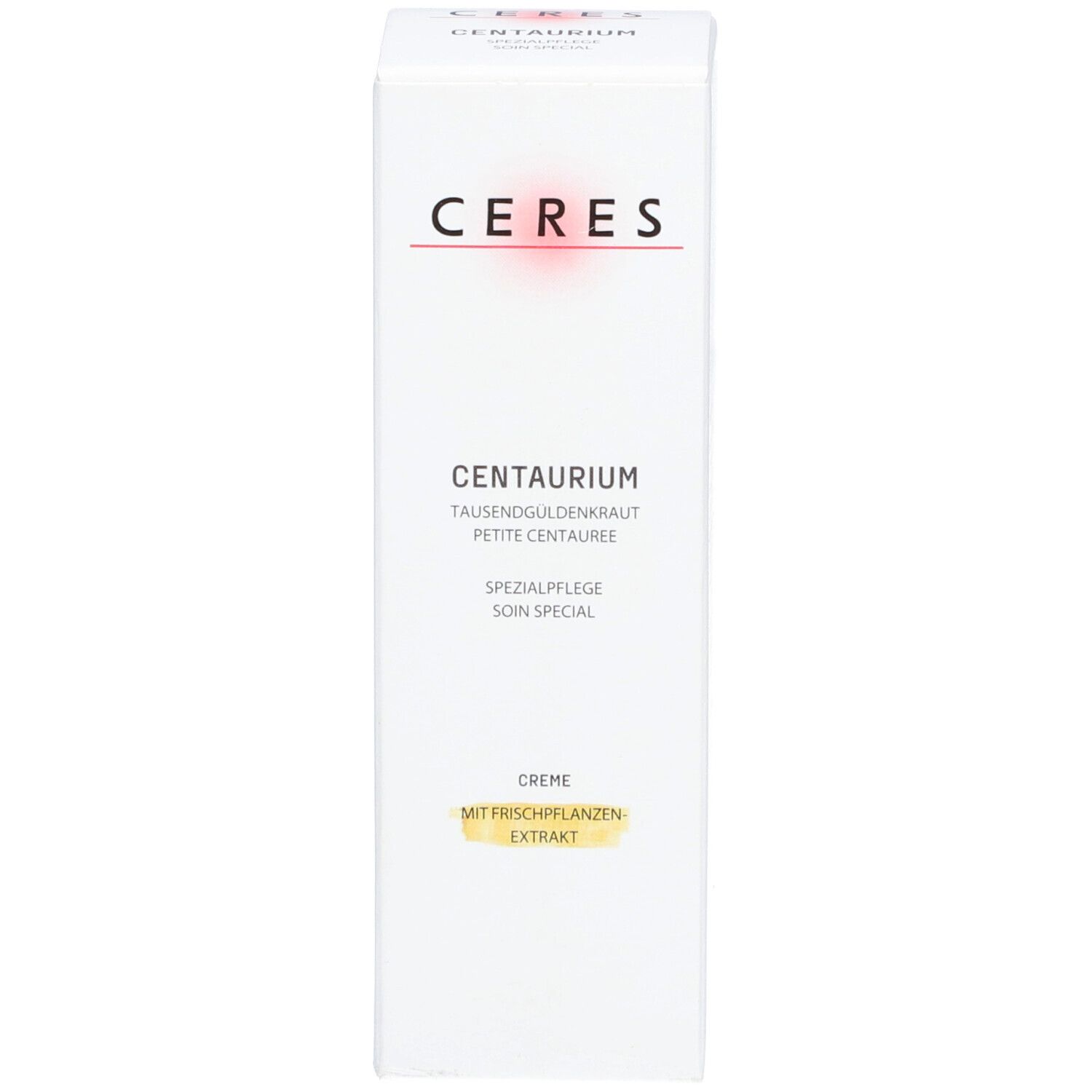 Emballage de la crème. Inscription: CERES, Centaurium, Soin spécial, Crème. Avec extrait de plantes fraîches. Design blanc.
