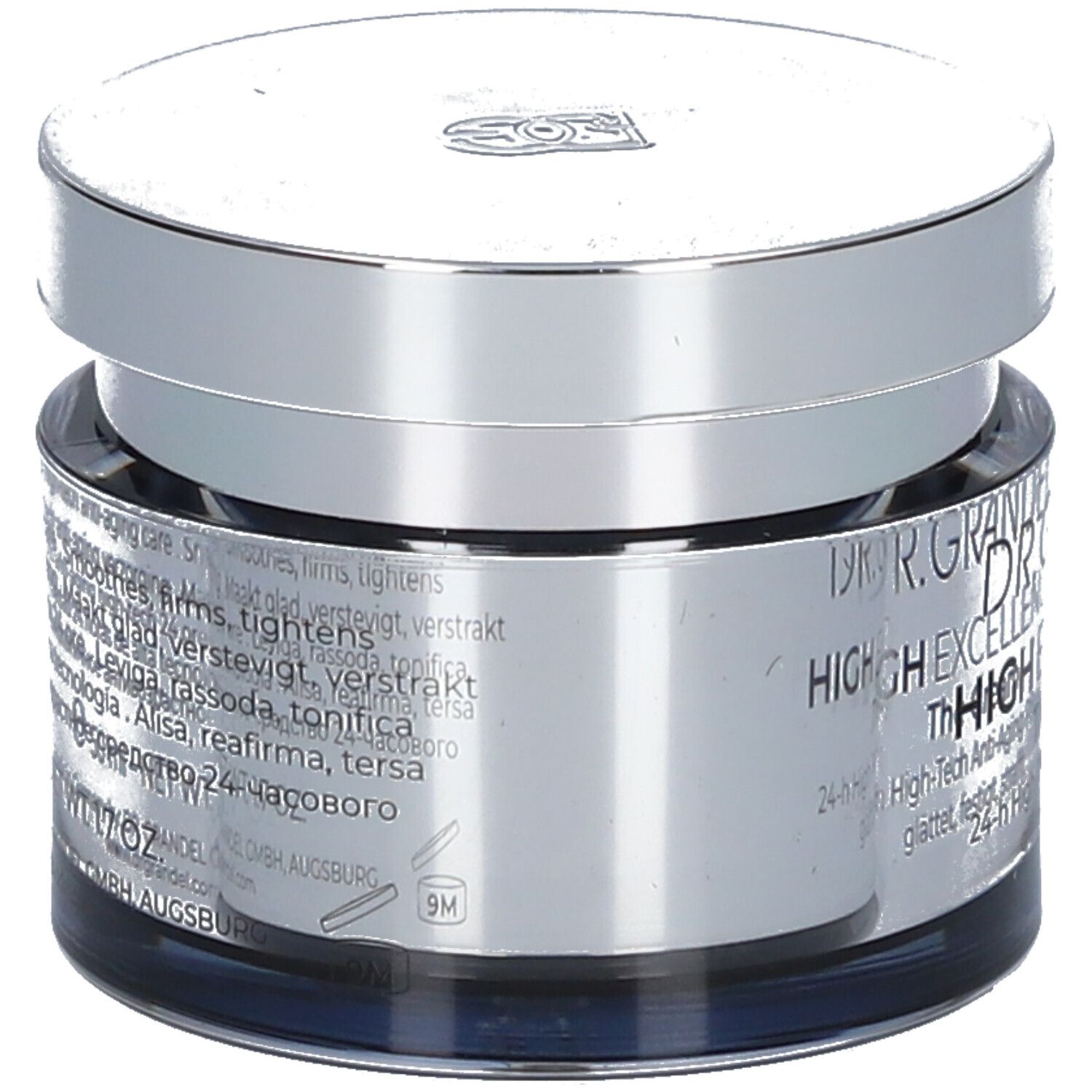 Pot de crème avec couvercle argenté. Informations produit et "DR. GRANDEL HIGH EXCELLENCE" sur l'étiquette.