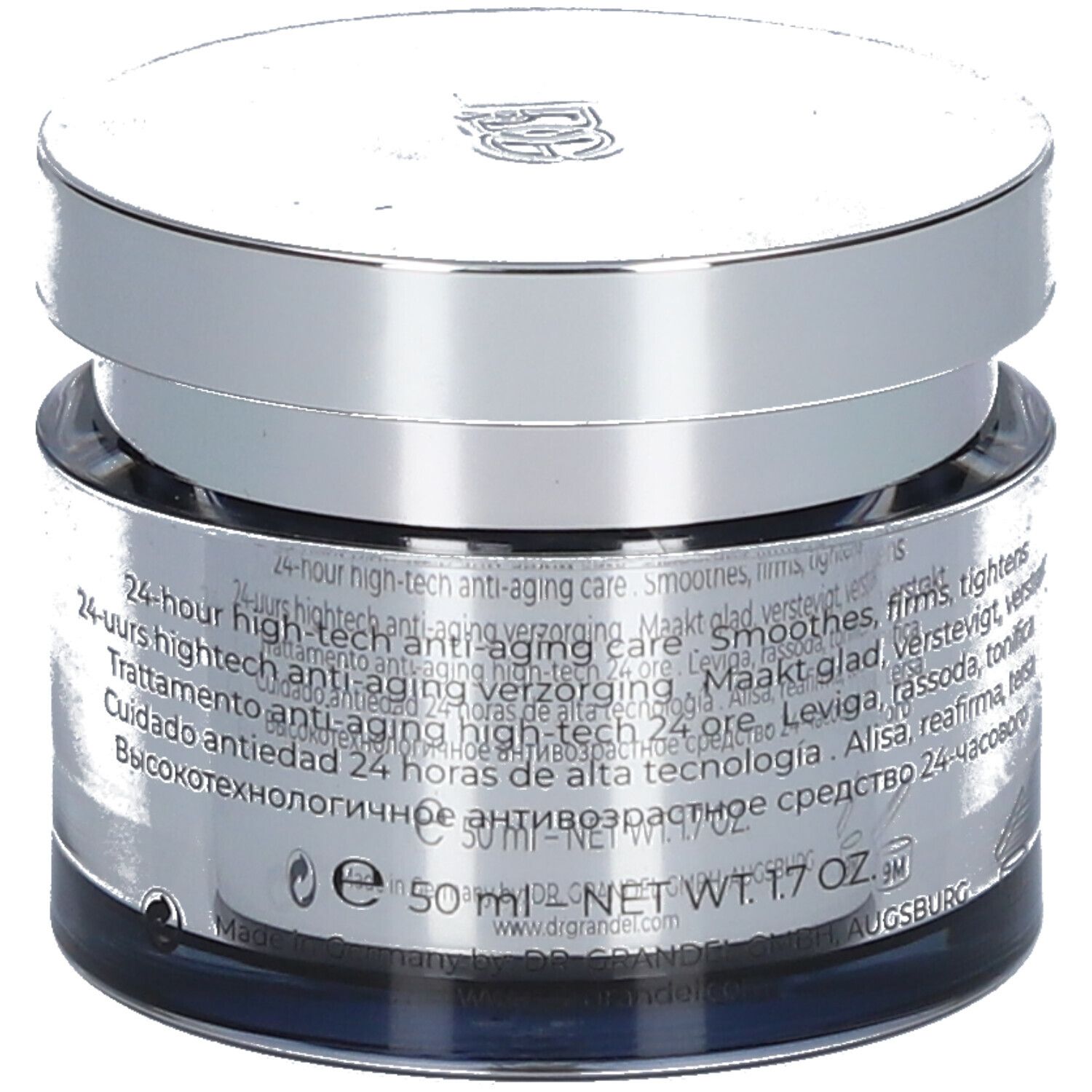 Pot de crème avec couvercle argenté. Informations produit et "DR. GRANDEL HIGH EXCELLENCE" sur l'étiquette.