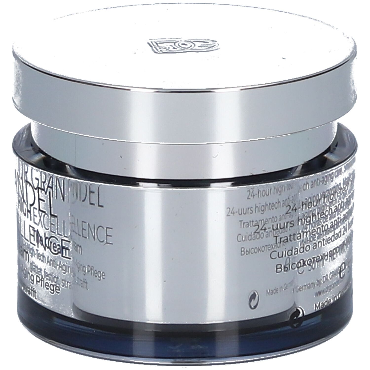 Pot de crème avec couvercle argenté. Informations produit et "DR. GRANDEL HIGH EXCELLENCE" sur l'étiquette.