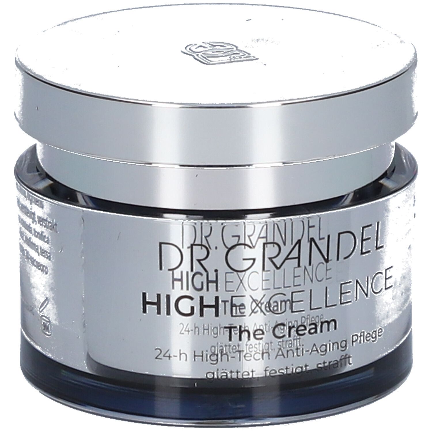 Pot de crème avec couvercle argenté. L'étiquette indique "DR. GRANDEL HIGH EXCELLENCE The Cream".