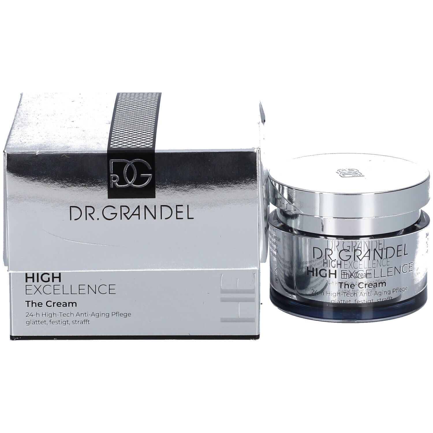 Pot de crème et boîte. La boîte indique "DR. GRANDEL HIGH EXCELLENCE The Cream".