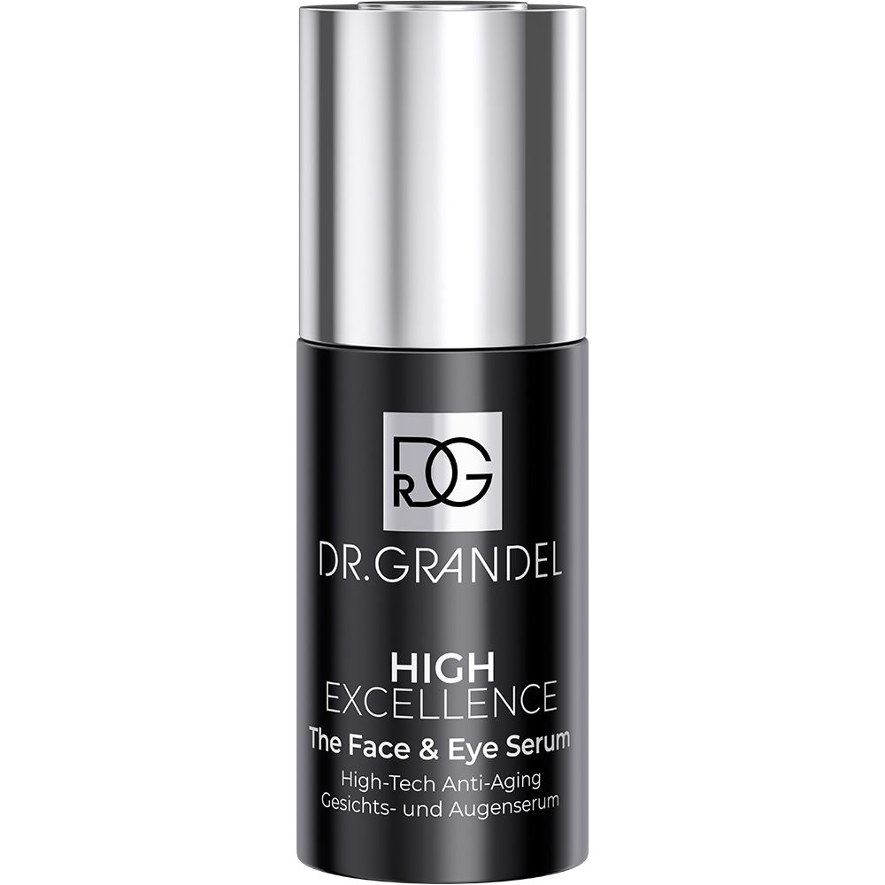Flacon noir avec bouchon argenté. Inscription: DR. GRANDEL, HIGH EXCELLENCE, The Face & Eye Serum.