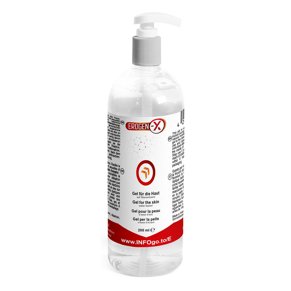 Flacon transparent avec pompe doseuse. Inscription Erogen-X, Gel pour la peau. Bande rouge avec texte et logo.