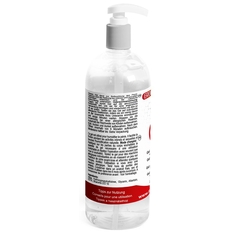 Flacon transparent avec pompe doseuse. Dos avec texte multilingue. Bande rouge avec texte.