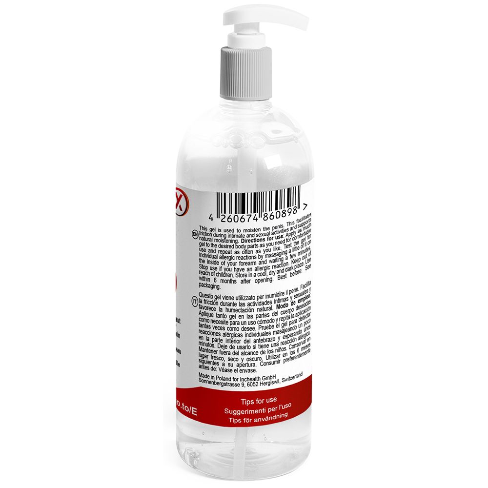 Flacon transparent avec pompe doseuse. Dos avec texte et code-barres. Bande rouge avec texte.
