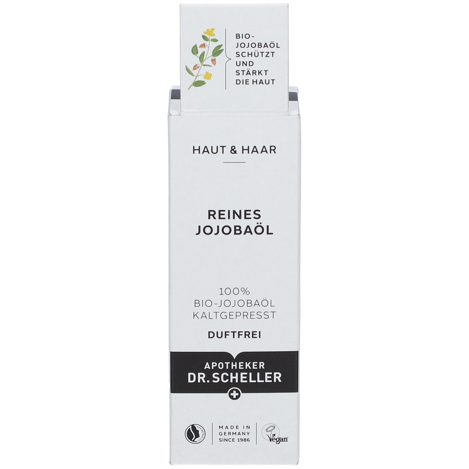 Emballage avec texte: REINES JOJOBAÖL, Apotheker DR.SCHELLER. Vegan. Fabriqué en Allemagne. Avec illustration.
