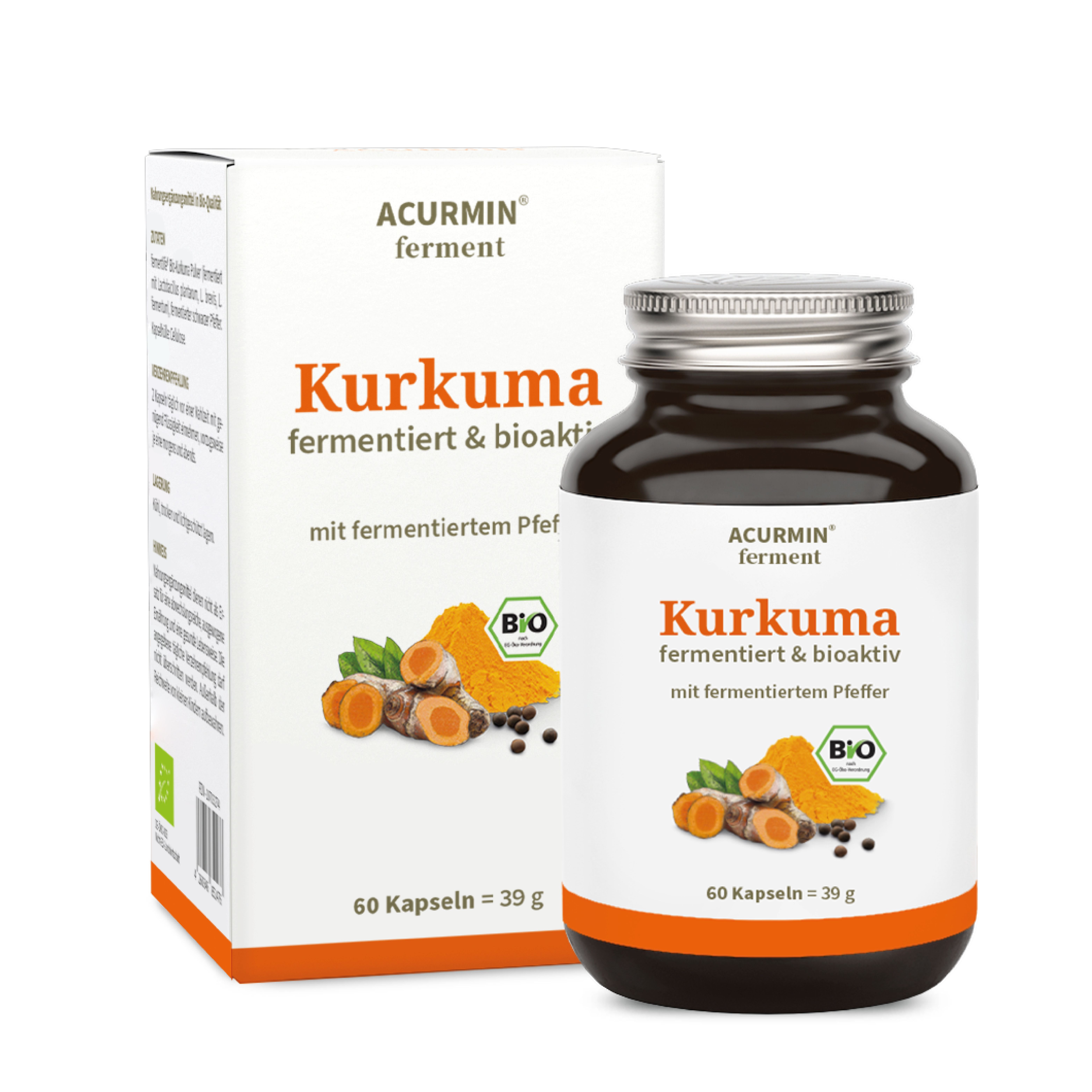 Flacon et boîte en carton de gélules de curcuma. Inscription : Acurmin ferment, Kurkuma fermenté & bioactif.