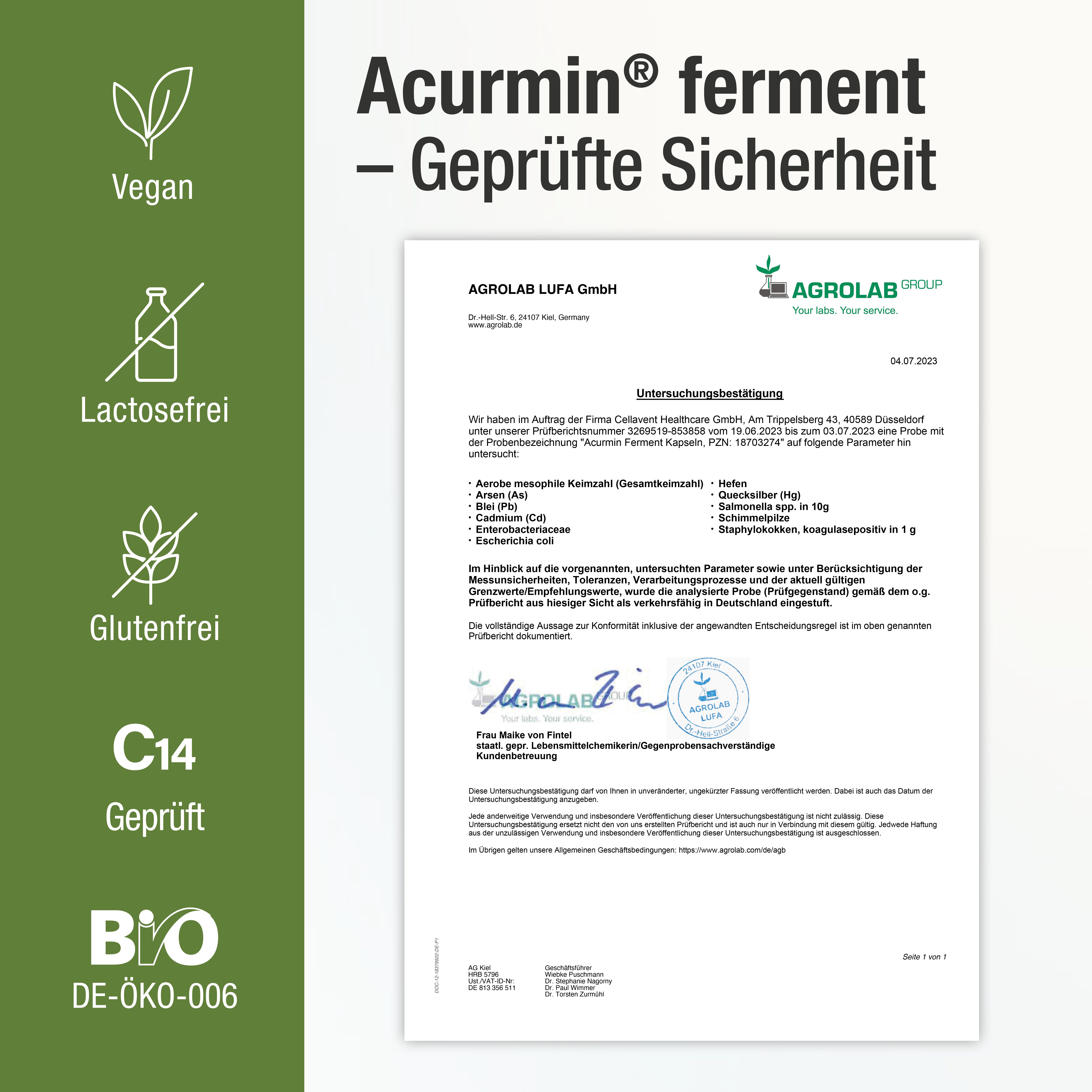 Document de certification avec logos. Inscription : Acurmin ferment - Sécurité testée. Logos : Vegan, Sans lactose, Sans gluten, Bio.