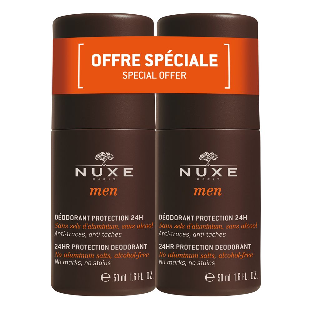 Deux déodorants NUXE Men en roll-on, emballage marron, étiquette orange "OFFRE SPÉCIALE".