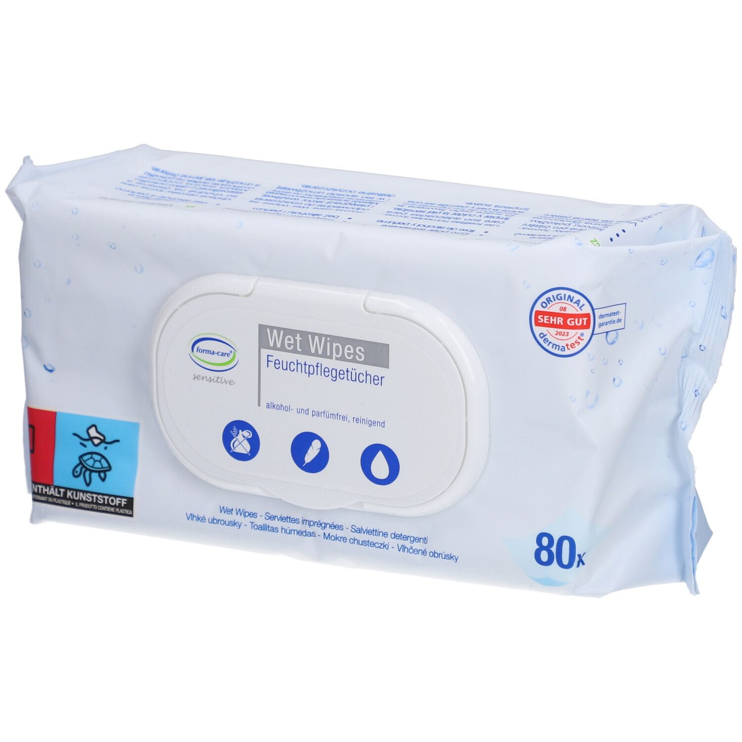 Emballage blanc avec logo forma-care® et inscription "Feuchtpflegetücher". Contient 80 lingettes. Label "Sehr Gut".