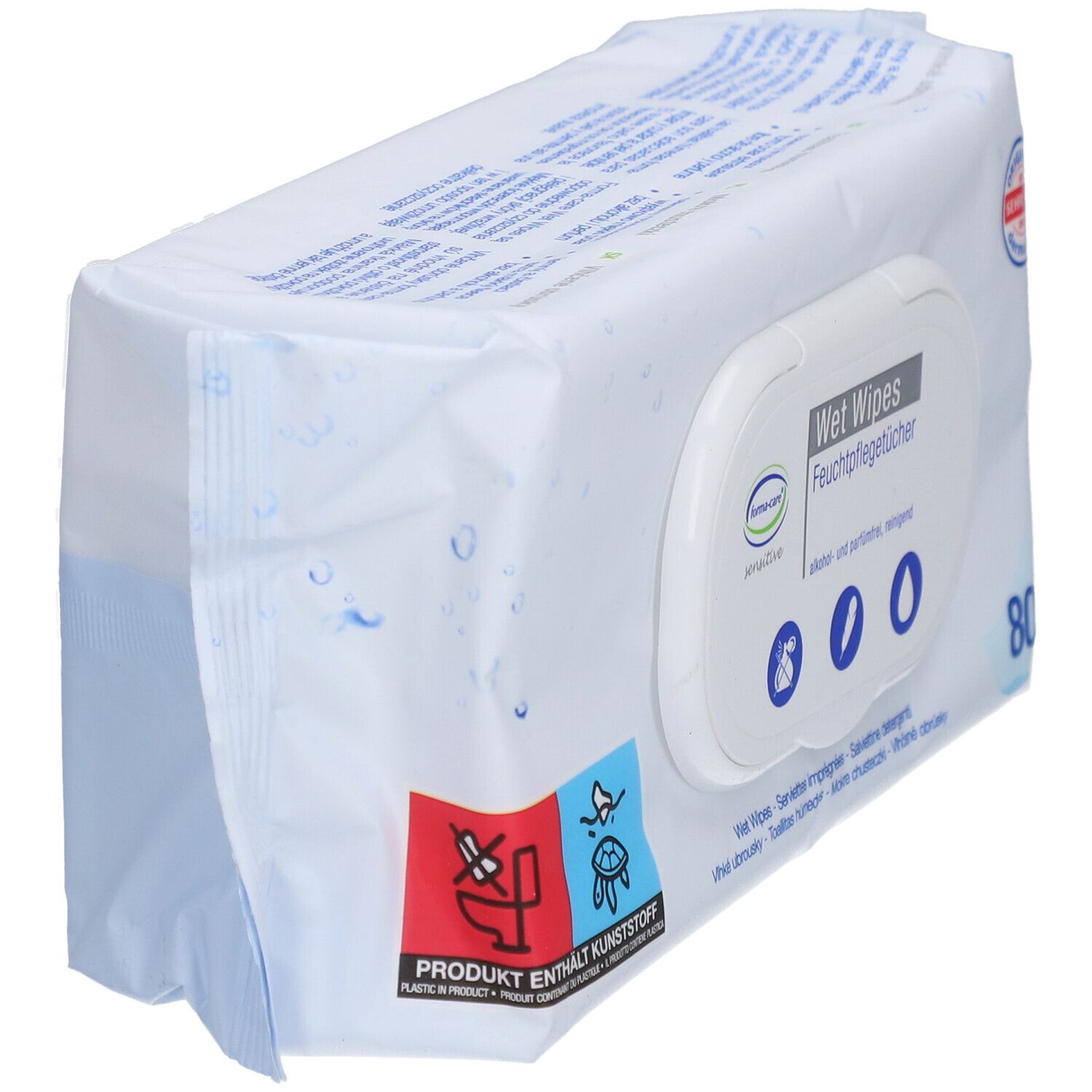 Emballage blanc avec logo forma-care® et inscription "Feuchtpflegetücher". Contient 80 lingettes. Symboles produit et recyclage.