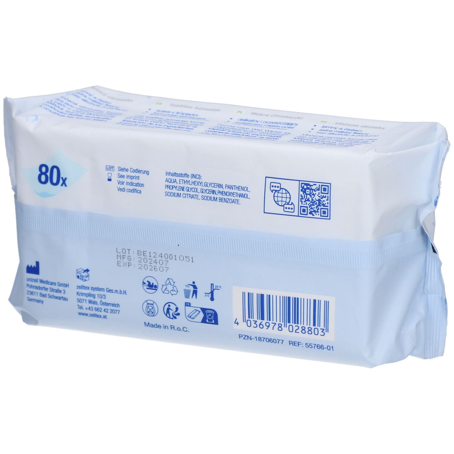 Dos de l'emballage blanc avec logo forma-care®. Contient 80 lingettes. Ingrédients, code QR, symboles de recyclage et code-barres.