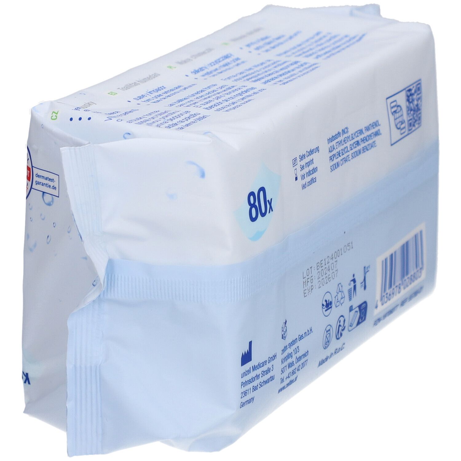 Emballage blanc avec logo forma-care® et inscription "Feuchtpflegetücher". Contient 80 lingettes. Symboles produit et recyclage.