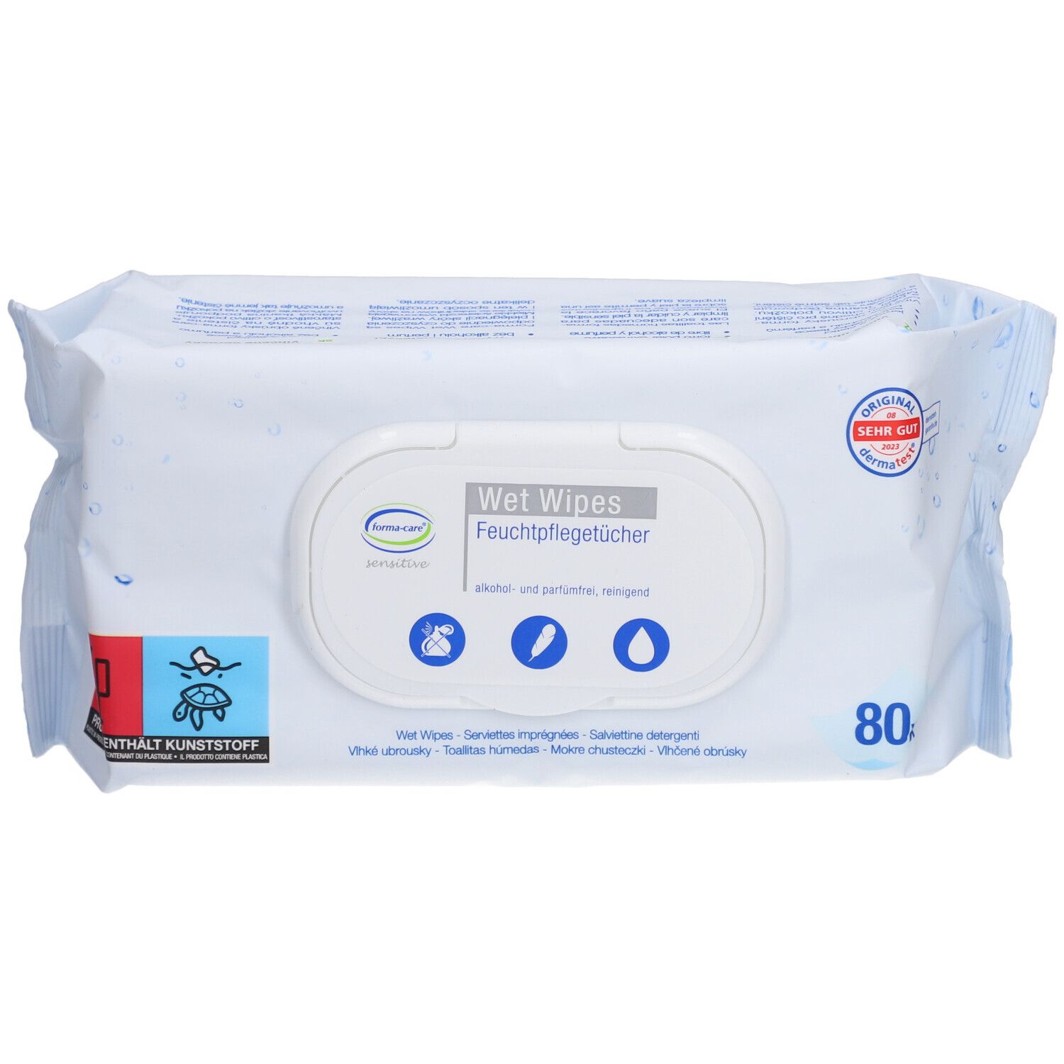 Emballage blanc avec logo forma-care® et inscription "Feuchtpflegetücher". Contient 80 lingettes. Label "Sehr Gut".