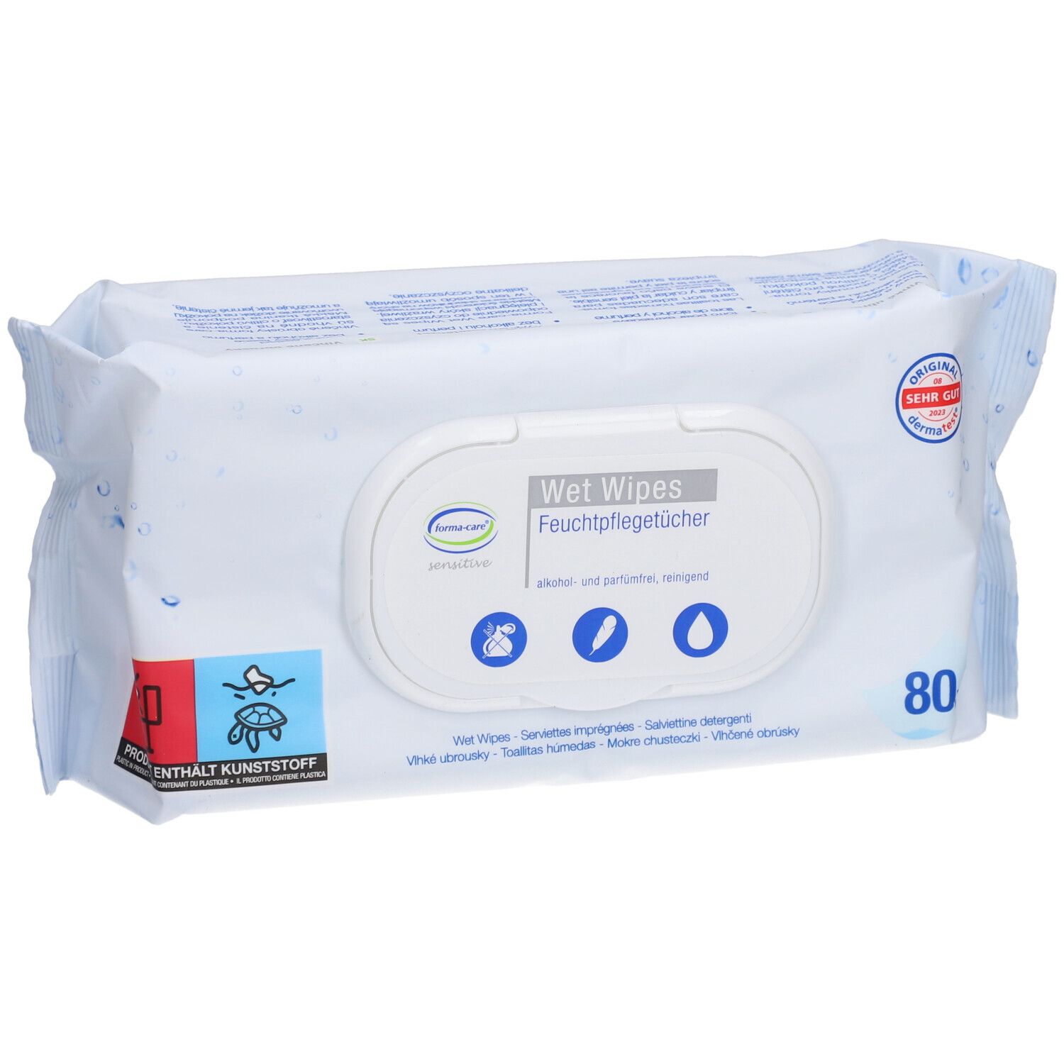 Emballage blanc avec logo forma-care® et inscription "Feuchtpflegetücher". Contient 80 lingettes. Label "Sehr Gut".