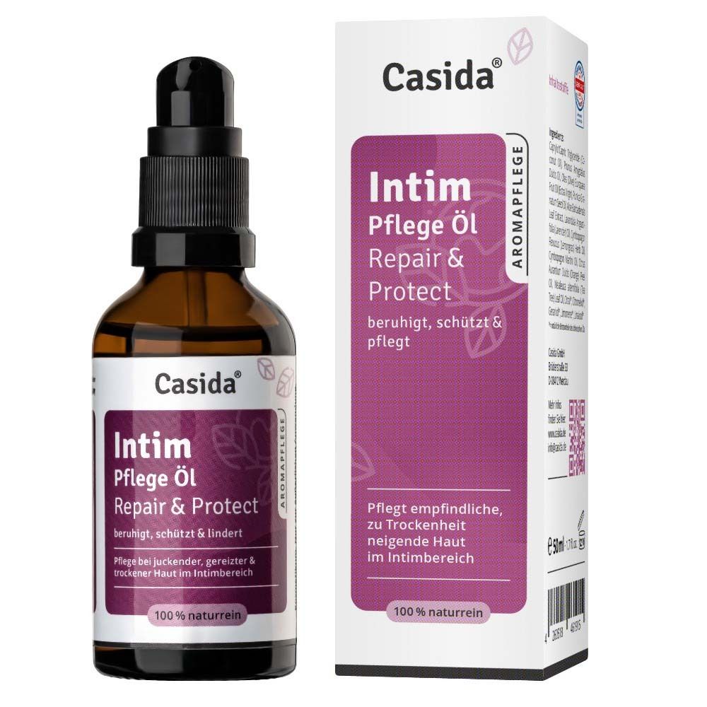Flacon en verre brun avec pompe noire. Étiquette avec nom du produit et marque Casida®. Boîte à côté.
