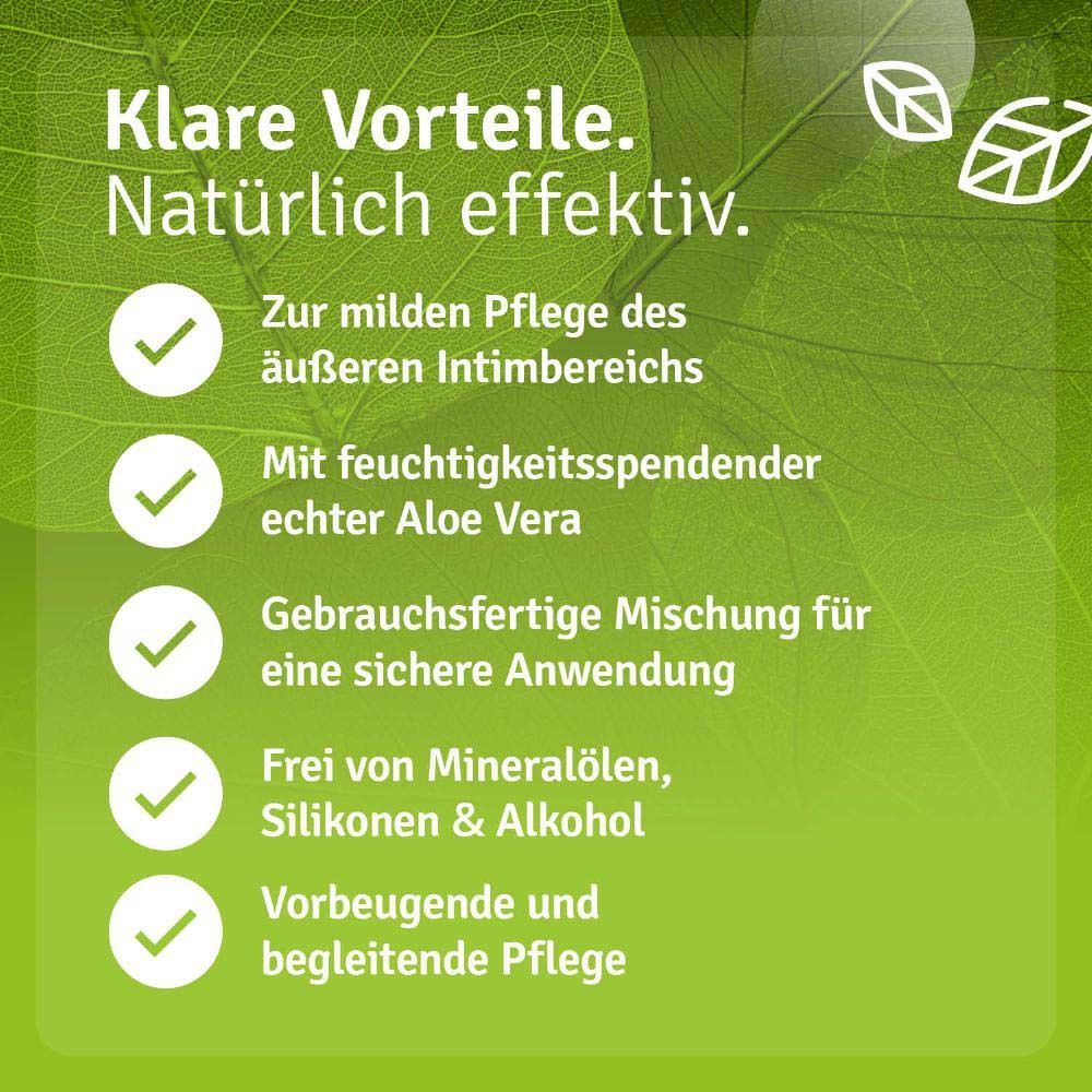 Texte: Pour un soin doux de la zone intime externe. Avec de l'aloe vera véritable hydratant. Sans huiles minérales, silicones et alcool.