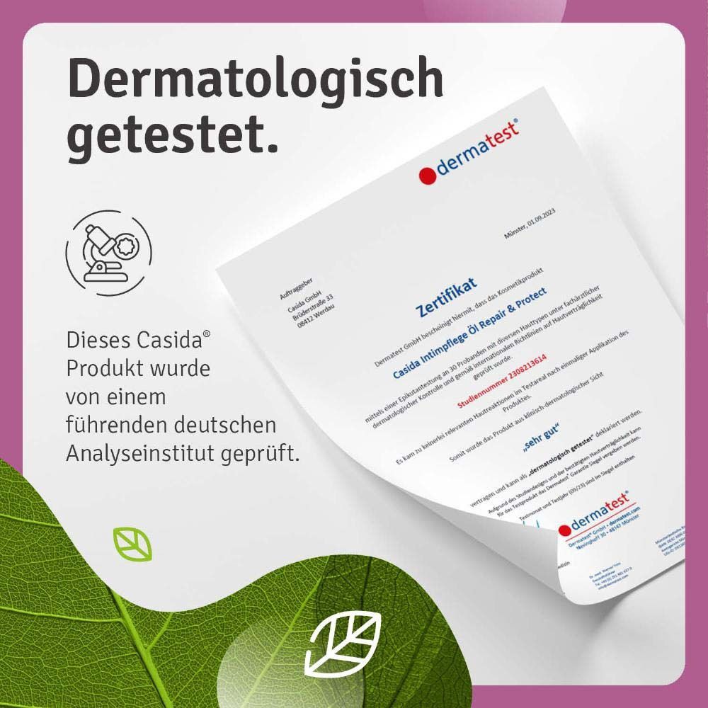 Certificat de dermatest. Texte: Ce produit Casida® a été testé par un institut d'analyse allemand de premier plan.
