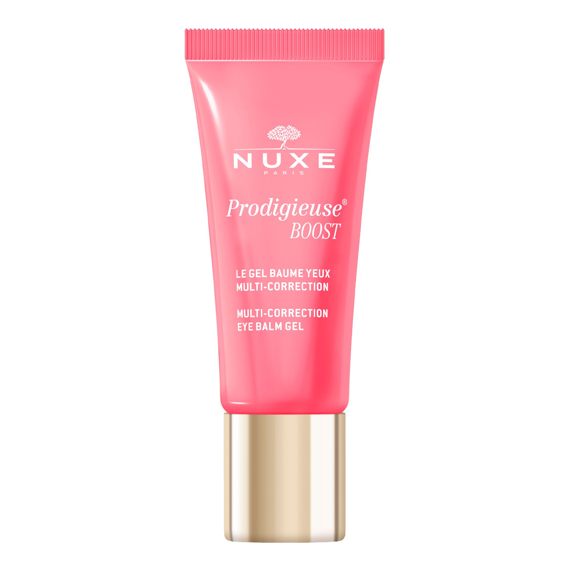 Tube rose avec bouchon doré. Inscription: NUXE, Prodigieuse Boost, Gel Baume Yeux.