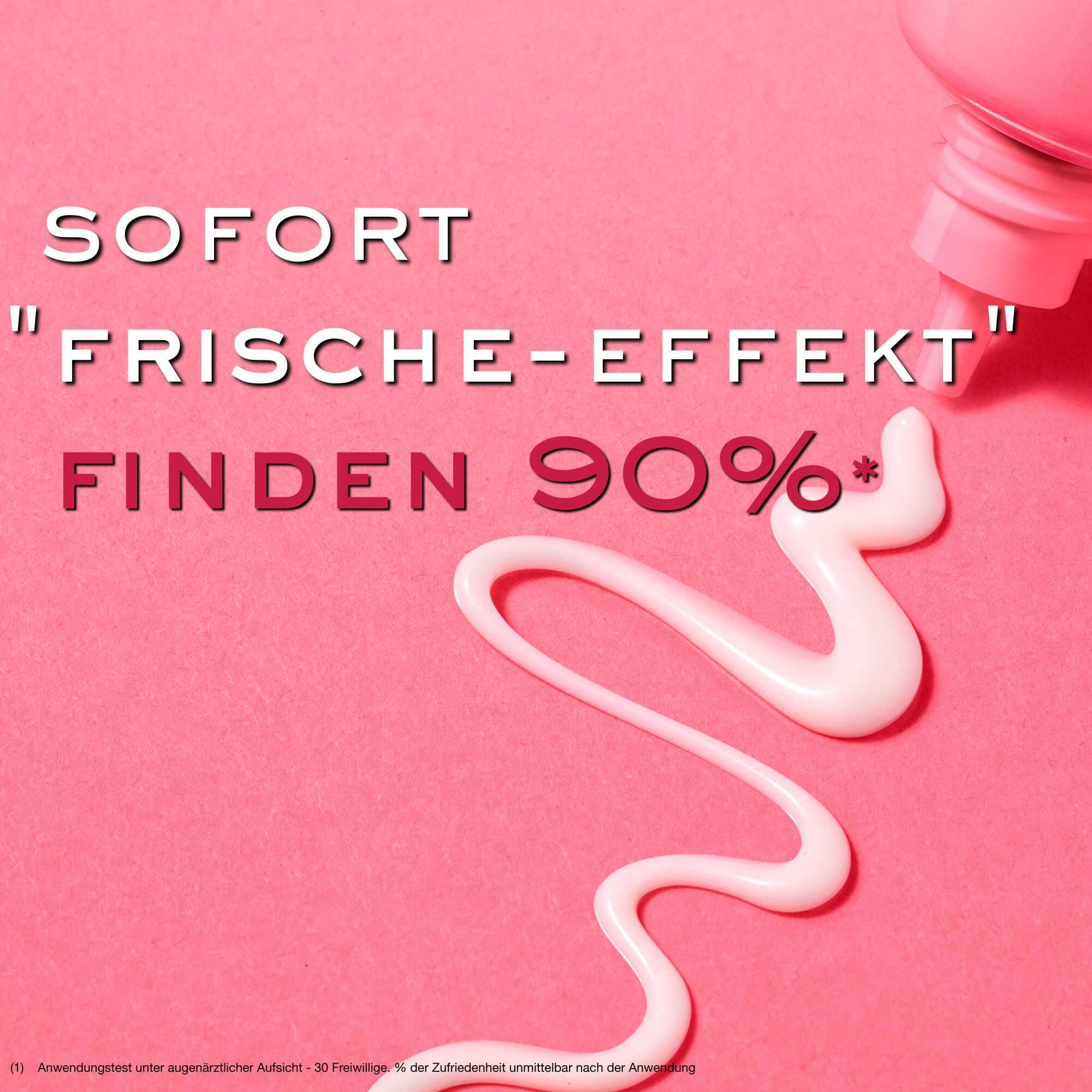 Fond rose avec texte: SOFORT, Effet fraîcheur, Trouver 90%. Crème pressée.
