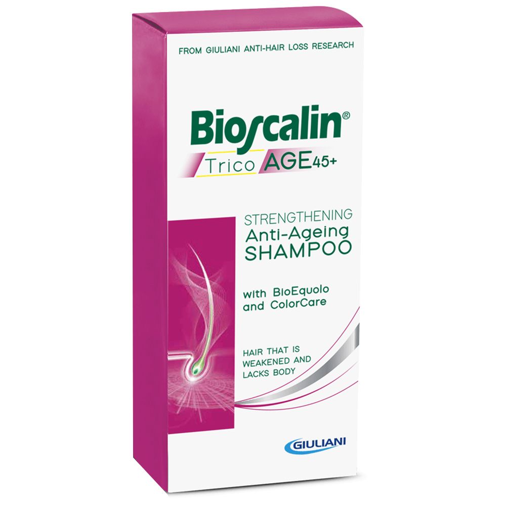 Emballage du shampooing Bioscalin TricoAGE45+. Boîte blanche et rose avec nom et logo du produit. Texte: Anti-âge, fortifiant.