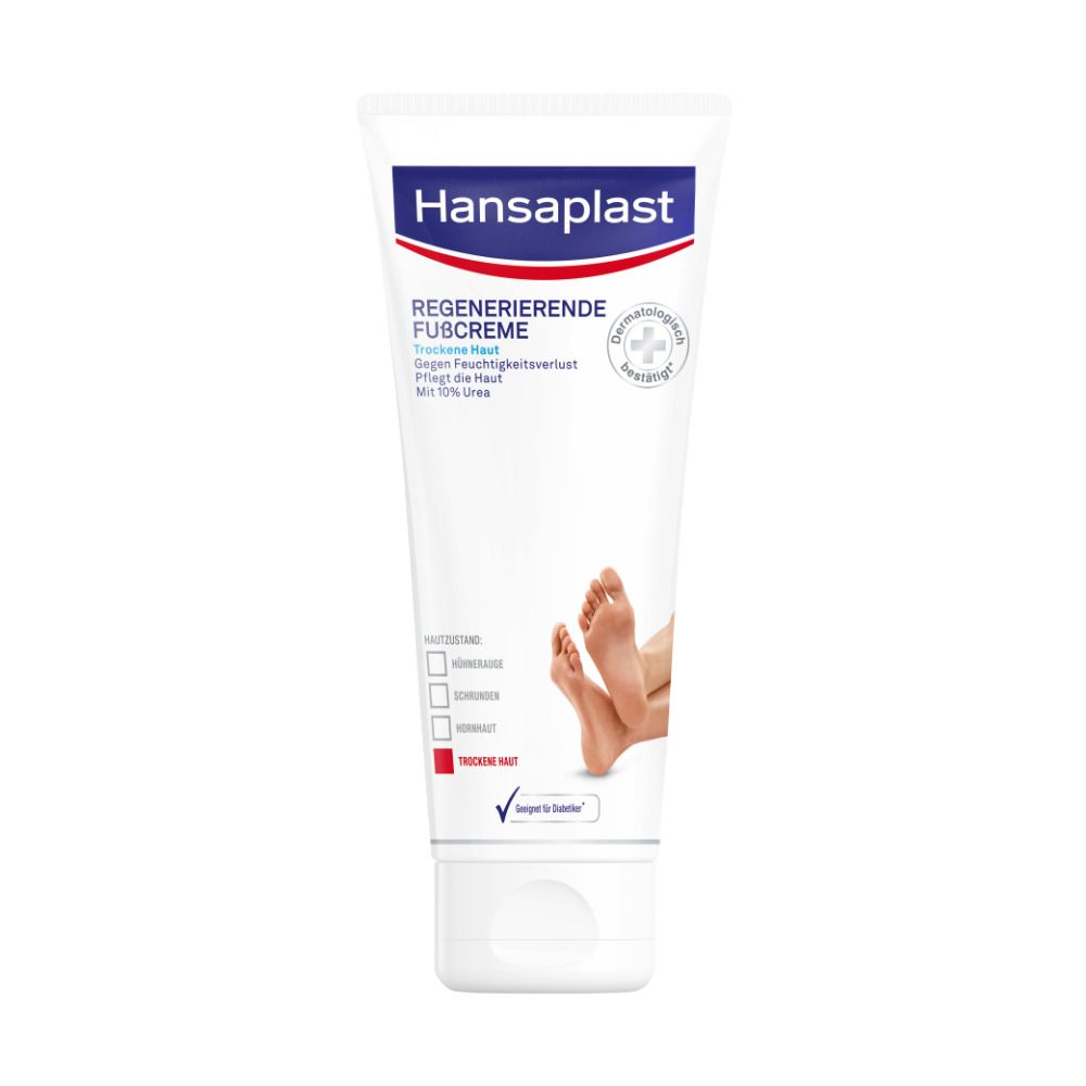 Tube de crème pour les pieds Hansaplast. Tube blanc avec texte rouge et bleu. Pieds représentés.
