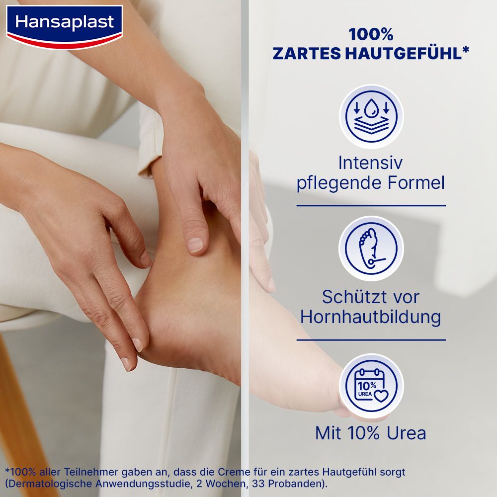Gros plan d'une personne appliquant de la crème sur le pied. Graphiques montrant les avantages : soin intensif, protection contre les callosités, 10% d'urée.