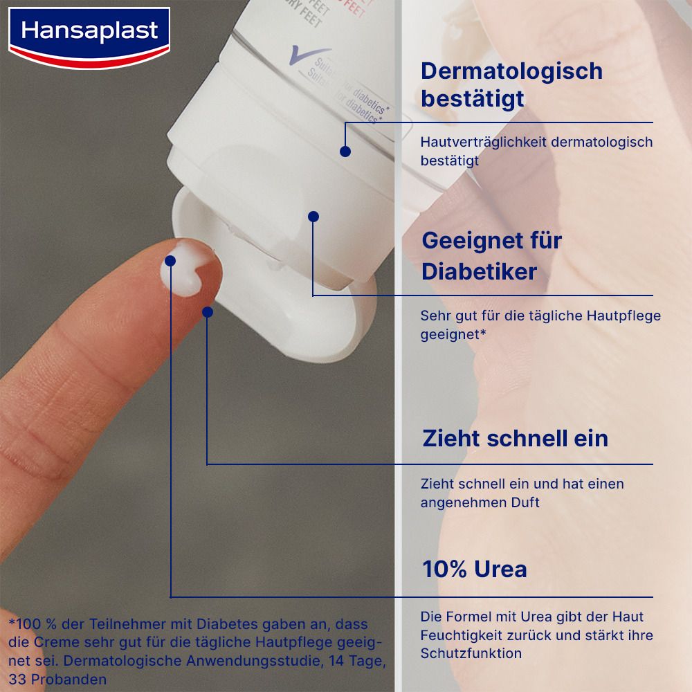 Gros plan : application de crème sur le pied. Graphiques montrant : testé dermatologiquement, adapté aux diabétiques, absorption rapide, 10% d'urée.