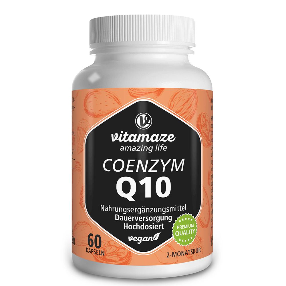 Flacon blanc avec capsules. Inscription: COENZYM Q10, 60 capsules, vegan. Sceau Premium Quality.