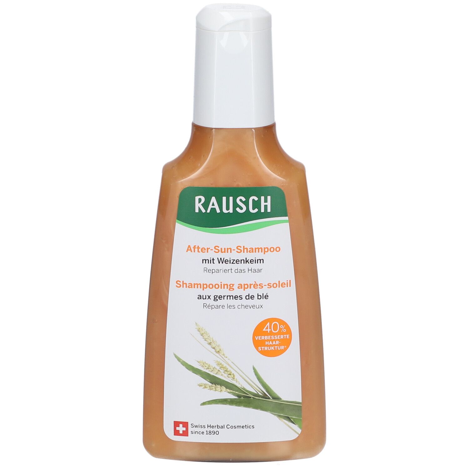 Flacon de shampooing après-soleil avec germes de blé. Bouchon blanc, liquide orangé. Étiquette avec nom, logo et informations.