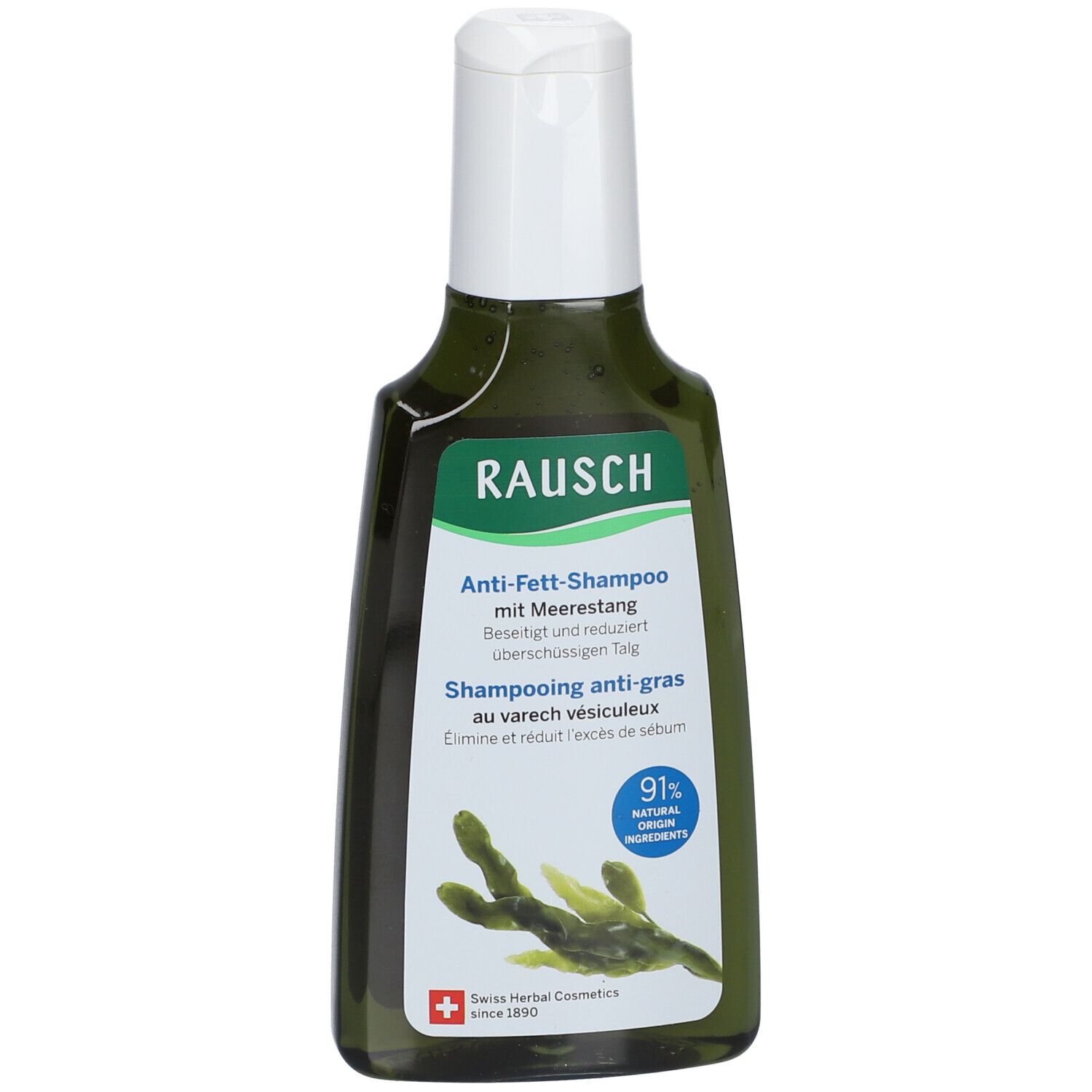 Flacon vert avec bouchon blanc. Texte: RAUSCH, Shampooing anti-gras au varech vésiculeux. 91% ingrédients naturels.