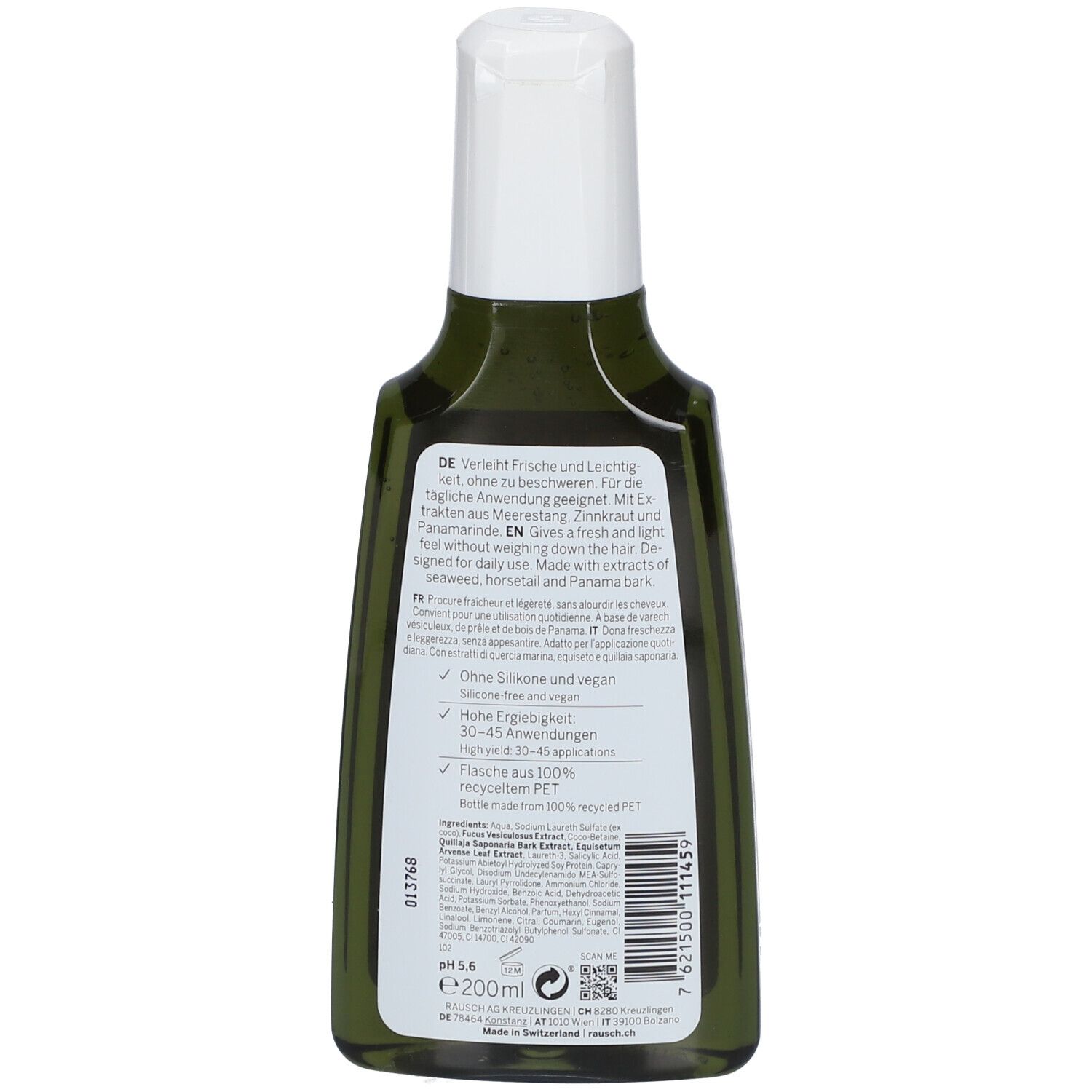 Dos du flacon vert. Texte: informations produit, ingrédients, pH, 200ml. 91% ingrédients naturels.