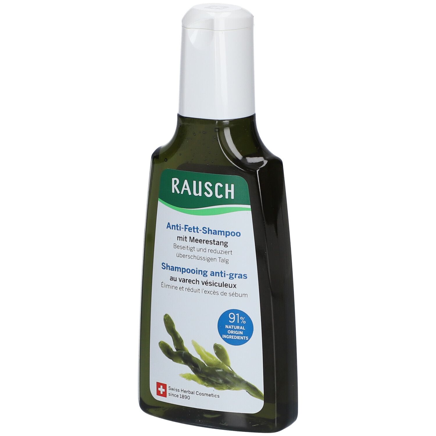 Flacon vert avec bouchon blanc. Texte: RAUSCH, Shampooing anti-gras au varech vésiculeux. 91% ingrédients naturels.