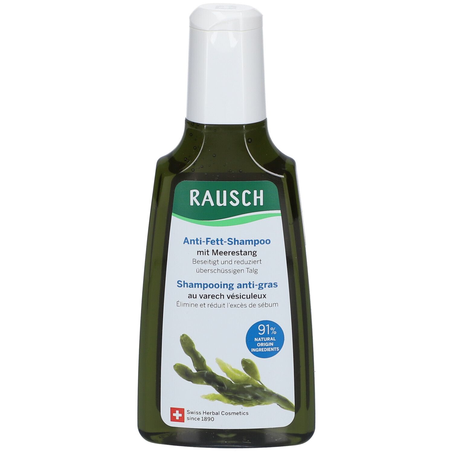 Flacon vert avec bouchon blanc. Texte: RAUSCH, Shampooing anti-gras au varech vésiculeux. 91% ingrédients naturels.