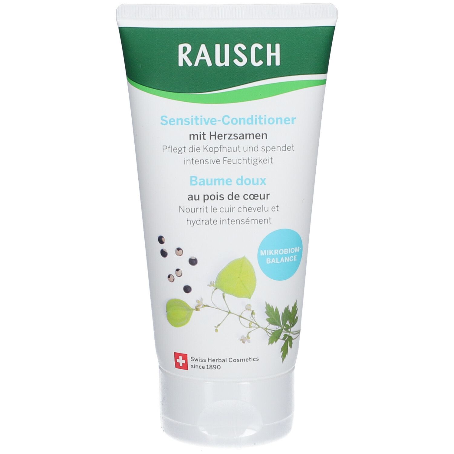 Tube de RAUSCH Sensitive-Conditioner. Emballage vert et blanc, illustration de graines de cœur. Texte: Sensitive-Conditioner, Mikroben Balance, Swiss Herbal Cosmetics.