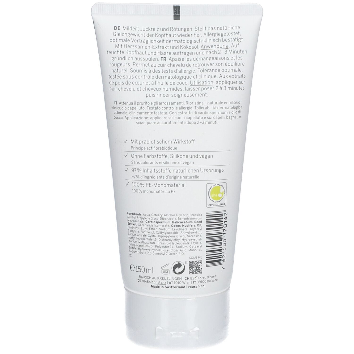 Dos du tube. Texte: Ingrédients, mode d'emploi, avec ingrédient actif probiotique, sans colorants, silicones et végétalien, 97% ingrédients d'origine naturelle.