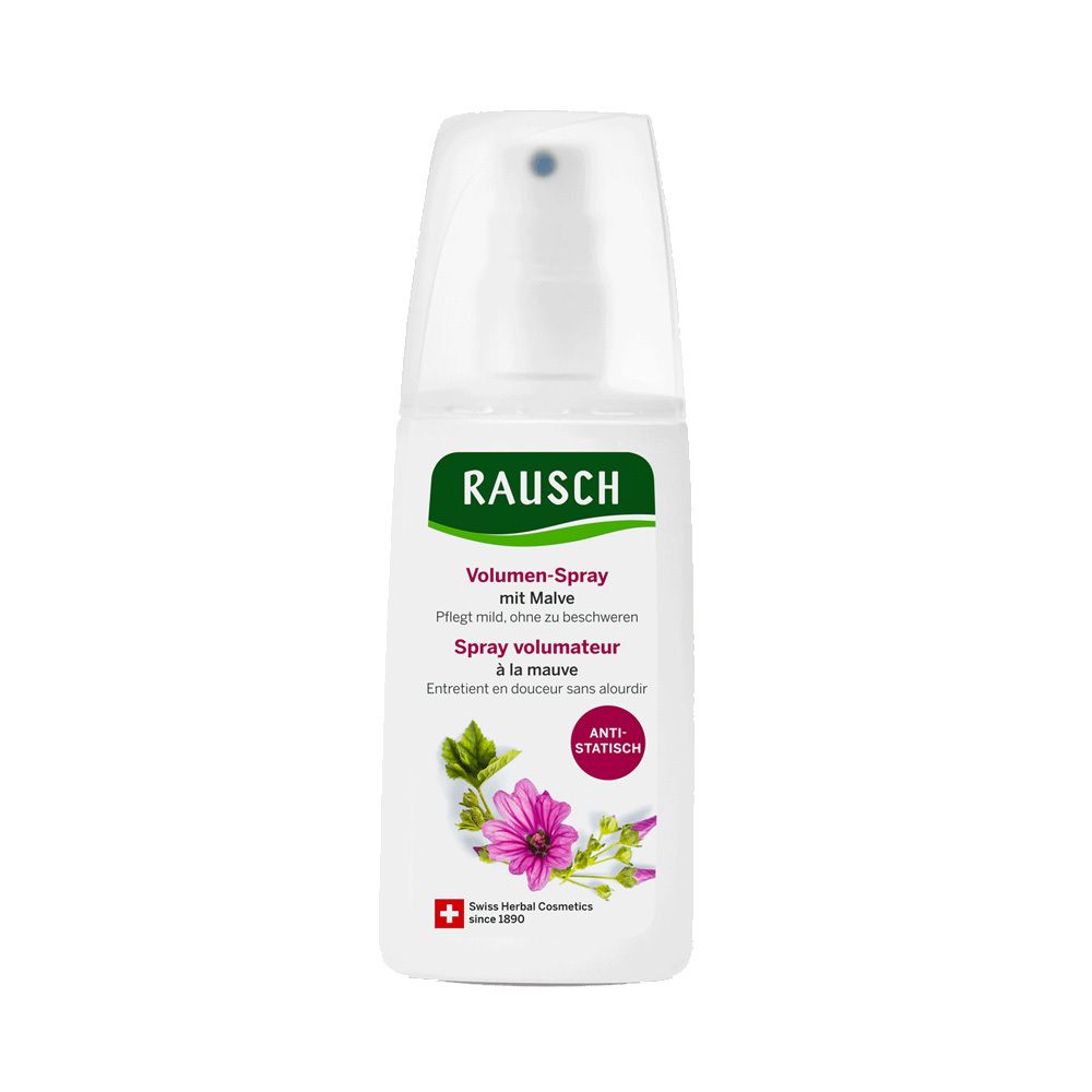 Spray volumateur à la mauve, blanc. Logo Rausch et nom du produit. Label anti-statique. Croix suisse.