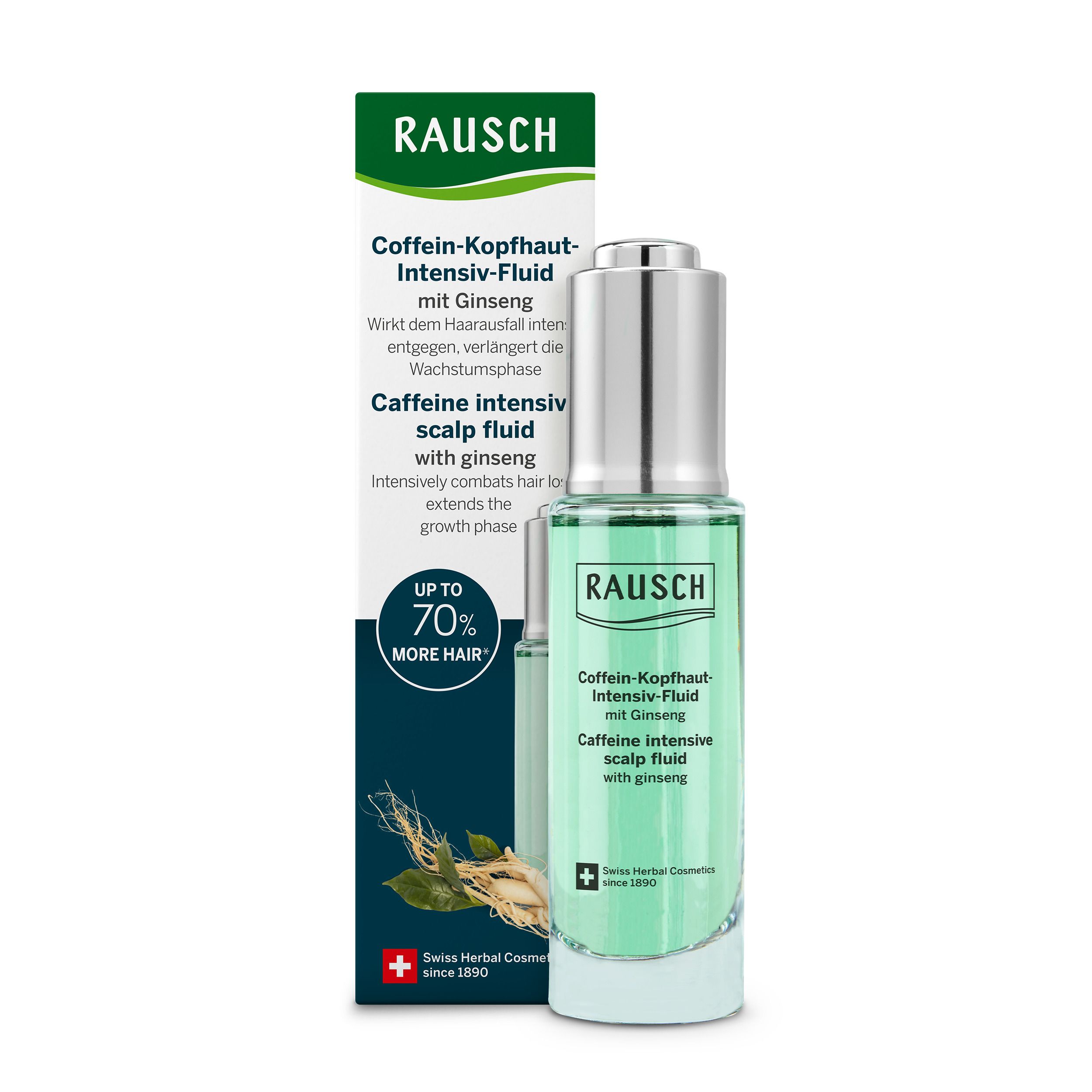 RAUSCH Coffein-Kopfhaut-Intensiv-Fluid au ginseng en flacon verre avec pipette et boîte.