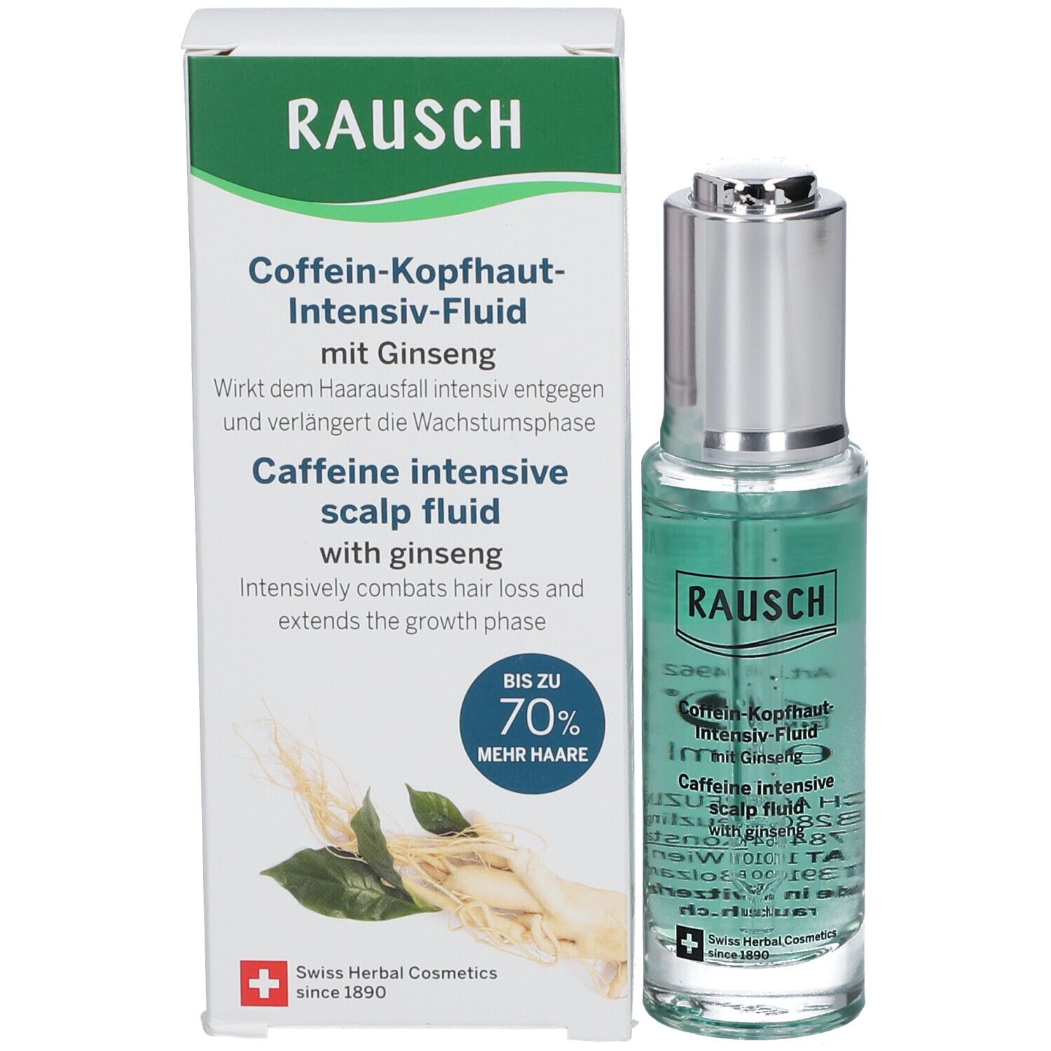 Flacon et emballage du produit. Emballage avec inscription: RAUSCH, Coffein-Kopfhaut-Intensiv-Fluid. Jusqu'à 70% de cheveux en plus.
