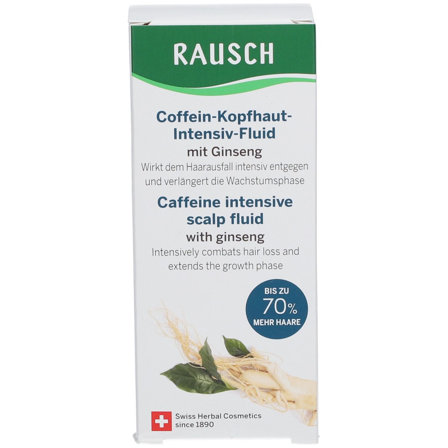 Emballage du produit avec inscription: RAUSCH, Coffein-Kopfhaut-Intensiv-Fluid. Jusqu'à 70% de cheveux en plus. Illustration de ginseng.