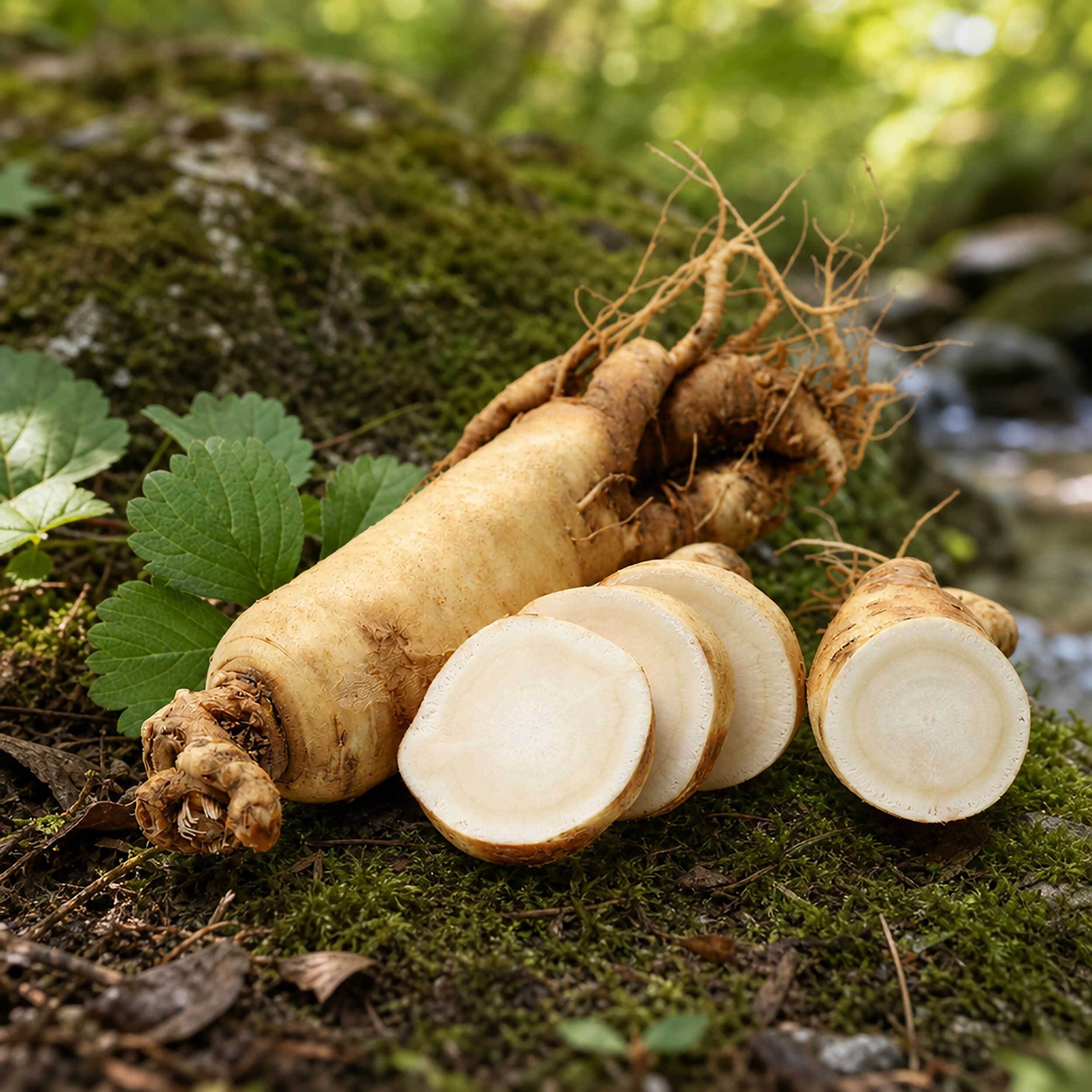 Racine de ginseng, fraîche et coupée, sur un sol moussu.